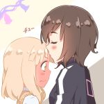  2girls asagao_to_kase-san blonde_hair blush brown_hair couple embarrassed height_difference jacket kase_(asagao_to_kase-san) kase_tomoka kiss multiple_girls short_hair simple_background white_background yamada_(asagao_to_kase-san) yamada_yui yuri 