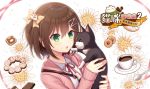  :o animal bangs blush bow brown_hair cat coffee collared_shirt commentary_request cookie cup eyebrows_visible_through_hair fingernails flower food green_eyes hair_between_eyes hair_bow hair_ornament hitsuki_rei holding holding_animal holding_cat hood hood_down hooded_jacket jacket long_sleeves looking_away open_clothes open_jacket original parted_lips pink_jacket red_ribbon ribbon saucer shirt sleeves_past_wrists solo spoon teacup translation_request two_side_up upper_body white_background white_flower white_shirt yellow_bow 