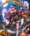  ;d animal_ears bare_shoulders bare_tree black_dress black_gloves bow candle castle cross dress elbow_gloves fishnet_legwear fishnets full_body full_moon garter_straps ghost gloves holding holding_scythe jack-o'-lantern long_hair moon neck_bell night night_sky official_art one_eye_closed open_mouth orange_bow outdoors pink_hair scythe shingoku_no_valhalla_gate single_thighhigh sky smile solo standing thigh_strap thighhighs tob tombstone tree very_long_hair 