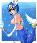  android blue_eyes blush breasts bubble curvy elbow_gloves eyeshadow framed from_behind gloves helmet large_breasts lipstick looking_at_viewer looking_back makeup mermaid monster_girl nipples nude polearm rockman rockman_(classic) rockman_9 sigurd_hosenfeld smile splash_woman tail trident underwater weapon wide_hips 