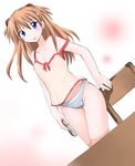  blue_eyes blush cameltoe camisole chair dutch_angle flat_chest long_hair neon_genesis_evangelion nipples orange_hair panties see-through solo souryuu_asuka_langley strap_slip striped striped_panties suika_(kinokoh) table underwear 