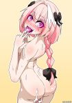  1boy ass astolfo_(fate) black_bow blush bow braid cowboy_shot eyebrows_visible_through_hair fate/apocrypha fate_(series) hair_bow looking_at_viewer male_focus multicolored_hair nude pink_hair shiny shiny_skin simple_background single_braid solo streaked_hair suggestive_fluid tongue tongue_out trap upper_teeth white_hair zesuto3 