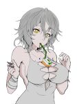  1girl bare_shoulders breasts code_vein eyebrows_visible_through_hair hair_between_eyes io_(code_vein) jewelry large_breasts necklace short_hair simple_background solo tagme torn_clothes upper_body white_background yellow_eyes 