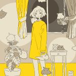  animal baggy_clothes blush caterpillar circle clock closed_eyes collar commentary_request curtains disheveled dress electric_socket elephant floating hanging_plant highres leaf long_sleeves looking_at_viewer lounging minimalism mitsuki_sanagi original plant pot potted_plant short_hair sitting sleeping standing sweater table vines watering_can window yellow yellow_curtains yellow_dress 