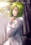  alternate_eye_color androgynous aqua_eyes bangs blush commentary_request enkidu_(fate/strange_fake) fate/strange_fake fate_(series) green_hair half-closed_eyes hand_up hood hood_down hooded_robe juurouta long_sleeves looking_at_viewer looking_to_the_side robe solo white_robe wide_sleeves 