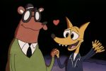  &lt;3 2018 angus_(nitw) anthro bear black_eyes black_nose canine clothing digital_media_(artwork) duo eyewear fox glasses gregg_(nitw) hand_holding hat hi_res male male/male mammal necktie night_in_the_woods open_mouth outside relationship rocko&#039;s_modern_life rockosedits signature slightly_chubby smile toony waving 