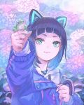  animal_ears arm_up bangs bell bell_collar blue_eyes cat_ears collar frog gems_company gigapuri highres holding jacket leaf long_sleeves mizushima_aoi_(virtual_youtuber) nail_polish on_finger plant short_hair smile solo upper_body virtual_youtuber zipper zipper_pull_tab 