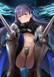  armored_boots bangs blue_eyes blush boots closed_mouth commentary_request covered_nipples crotch_plate embarrassed eyebrows_visible_through_hair fate/extra fate/extra_ccc fate_(series) hair_ribbon juurouta knee_spikes lips long_hair looking_at_viewer meltlilith navel purple_hair revealing_clothes ribbon silver_trim solo squatting very_long_hair 