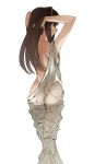  ass breasts brown_hair earrings from_behind green_eyes hands_in_hair highres idolmaster idolmaster_cinderella_girls jewelry kinpun_(fgxdw447) long_hair naked_sheet shibuya_rin side_ponytail simple_background small_breasts solo standing white_background 