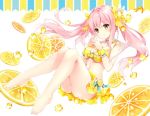  ass bangs bare_legs barefoot bikini bikini_skirt blush bow breasts bunny_hair_ornament choker cleavage commentary_request eyebrows_visible_through_hair feet fingers_together food food_themed_clothes fruit fruit_background full_body hair_bow hair_ornament jpeg_artifacts knees_together_feet_apart knees_up large_breasts legs lemon lemon_slice long_hair looking_at_viewer mochizuki_shiina navel original pink_hair sailor_bikini sailor_collar sidelocks simple_background smile solo steepled_fingers striped striped_bikini striped_bow swimsuit toes twintails white_background wrist_cuffs yellow_bikini yellow_bow yellow_eyes 