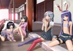  4girls a00 all_fours animal_ears ass bare_shoulders barefoot belt black_hair black_nails blue_hair blush breasts brown_eyes bunny_ears carrot_necklace cleavage downblouse dress flat_chest grey_eyes hand_on_own_face houraisan_kaguya inaba_tewi jewelry long_hair looking_at_viewer medium_breasts multiple_girls nail_polish necklace no_bra off-shoulder_sweater off_shoulder open_mouth overalls panties panty_peek parted_lips purple_hair red_eyes reisen_udongein_inaba shadow short_hair sitting skirt small_breasts smile strap_slip striped striped_panties sweater thighhighs toenail_polish touhou underwear wariza yagokoro_eirin 