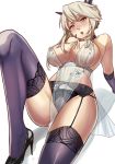  arm_support arms_behind_back artoria_pendragon_(all) artoria_pendragon_(lancer_alter) black_panties blush braided_bun breasts cowboy_shot elbow_gloves fate/grand_order fate_(series) garter_straps gloves hair_ornament high_heels highres large_breasts leaning_back lingerie long_hair looking_at_viewer outstretched_leg panties purple_legwear reclining royal_icing sidelocks solo thighhighs underwear vic white_background white_hair yellow_eyes 