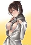  bangs between_breasts blush breasts brown_hair clothes_between_breasts commentary_request earmuffs fringe_trim gradient gradient_background half-closed_eyes head_tilt jewelry juurouta kaga_(kantai_collection) kantai_collection large_breasts long_sleeves looking_at_viewer ring scarf solo twitter_username upper_body wedding_band 