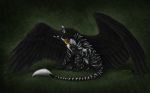  2018 4_toes ambiguous_gender avian black_feathers black_fur black_pawpads digital_media_(artwork) feathered_wings feathers feral fur green_eyes gryphon pawpads sidonie simple_background solo toes wings 