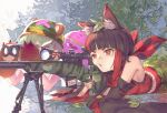  aiming animal_ear_fluff animal_ears animare bangs bare_shoulders bear_ears bear_paws binoculars black_hair blunt_bangs breasts detached_sleeves eyebrows_visible_through_hair gigapuri green_eyes green_hair gun hat highres hinokuma_ran holding inari_kuromu kuromu_channel leaf leaf_on_head multicolored_hair multiple_girls parted_lips plant red_eyes red_hair rifle scope short_hair sniper_rifle streaked_hair virtual_youtuber weapon 