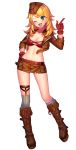  ;d artist_request belt blonde_hair bra breasts brown_footwear brown_hat cross-laced_footwear full_body gloves green_eyes hand_on_hip hat kneehighs long_hair looking_at_viewer medium_breasts midriff navel official_art one_eye_closed open_mouth patriarch_xtasy pocket red_bra red_gloves shorts sina_astley single_kneehigh single_thighhigh smile solo thighhighs transparent_background underwear 