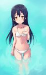  absurdres bikini black_hair blue_background blush breasts clare_(puyo2) collarbone hair_between_eyes highres long_hair looking_at_viewer love_live! love_live!_school_idol_project navel parted_lips small_breasts solo sonoda_umi standing swimsuit thigh_gap very_long_hair wading white_bikini yellow_eyes 