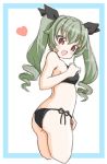  :d anchovy ass bangs bikini black_bikini black_ribbon blue_border border commentary cropped_legs drill_hair ehime_mikan eyebrows_visible_through_hair from_side girls_und_panzer hair_ribbon heart long_hair looking_at_viewer looking_back open_mouth outside_border red_eyes ribbon side-tie_bikini smile solo swimsuit twin_drills twintails 