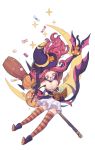  bat_wings bewitching_janna blush book boots broom broom_riding candy cat collar food glasses hat highres holding janna league_of_legends meowlian open_mouth paper pink_hair pumpkin signature skirt striped striped_legwear sweatdrop thighhighs white_background wings witch_hat yellow_eyes 