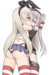 2girls amatsukaze_(kantai_collection) artist_request ass ass_grab black_panties catfight girl_on_top highleg highleg_panties hug kantai_collection kiss kuwamori long_hair looking_at_viewer looking_back lying multiple_girls on_back open_mouth oral panties shimakaze_(kantai_collection) sitting sitting_on_person spread_legs sweat thighhighs tongue underwear wide_hips yuri 