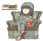  beanie black_hair brown_eyes camouflage chair chicken_(food) copyright_name crossed_arms crossed_legs easy_chair food hat kfc military military_uniform neck_pillow no_pupils open_mouth original simple_background sitting slippers soldier solo tantu_(tc1995) uniform us_army white_background 