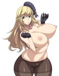  atago_(kantai_collection) bare_shoulders beret black_gloves black_legwear breasts cleavage gloves green_eyes hat highres kantai_collection large_breasts long_hair nipples open_mouth pantyhose simple_background solo tesu topless very_long_hair white_background 