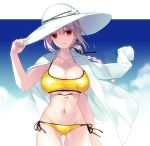  adjusting_clothes adjusting_hat bikini braid breasts chaldea_lifesavers cleavage cloud day fate/grand_order fate_(series) florence_nightingale_(fate/grand_order) hat jewelry large_breasts long_hair motomiya_mitsuki navel necklace red_eyes shirt shirt_on_shoulders side-tie_bikini signature sky smile solo sun_hat swimsuit underboob white_hair white_hat white_shirt yellow_bikini 