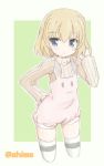  :o animal_print bangs blonde_hair blue_eyes bunny_print casual commentary cowboy_shot ehime_mikan girls_und_panzer green_background hand_on_hip katyusha long_sleeves looking_at_viewer outside_border parted_lips print_legwear ribbed_sweater short_hair short_jumpsuit solo standing sweater thighhighs turtleneck twitter_username white_jumpsuit white_legwear white_sweater 