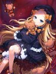  abigail_williams_(fate/grand_order) bangs black_dress black_hat blonde_hair blue_eyes blush bound bow commentary_request dress fate/grand_order fate_(series) forehead frilled_sleeves frills hair_bow hat highres lerome long_hair object_hug orange_bow parted_bangs polka_dot polka_dot_bow red_bow red_ribbon ribbon ribbon_bondage sleeves_past_fingers sleeves_past_wrists solo stuffed_animal stuffed_toy teddy_bear tied_up underwear very_long_hair white_bloomers 