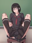  1girl black_hair black_legwear blue_eyes braid chair chalkboard classroom feet long_hair looking_at_viewer maku_(l-u) panties pantyshot pov pov_feet school_uniform serafuku socks soles underwear 