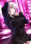  ahoge arm_up bangs blurry blurry_background breasts commentary_request eyebrows_visible_through_hair fate/grand_order fate_(series) fur-trimmed_sleeves fur_collar fur_trim hand_up head_tilt jeanne_d'arc_(alter)_(fate) jeanne_d'arc_(fate)_(all) juurouta large_breasts long_sleeves looking_at_viewer pink_background short_hair silver_hair solo tsurime yellow_eyes 