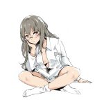  arm_support breasts brown_eyes center_opening chin_rest collared_shirt dress_shirt futaba_rio glasses grey_hair hand_on_own_cheek highres indian_style long_hair long_sleeves looking_at_viewer medium_breasts naked_shirt no_bra open_clothes open_shirt relaxjon seishun_buta_yarou shirt sitting sketch socks solo white_background white_legwear white_shirt 