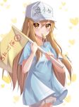  absurdres blonde_hair blue_shirt blush brown_eyes character_name cowboy_shot flag floating_hair grey_shorts hair_between_eyes hat hataraku_saibou highres holding holding_flag long_hair looking_at_viewer platelet_(hataraku_saibou) sarablanche shirt short_shorts short_sleeves shorts solo standing very_long_hair whistle white_hat 