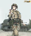  assault_rifle belt blurry brown_hair camouflage carabiner caterpillar_tracks chin_strap copyright_name depth_of_field fv107_scimitar g36 grass green_eyes grin ground_vehicle gun happy heckler_&amp;_koch helmet highres knee_pads latvia latvian_flag load_bearing_vest long_hair looking_to_the_side military military_uniform military_vehicle motor_vehicle original outdoors ponytail pouch rifle sky smile soldier solo tank tantu_(tc1995) tree uniform walking weapon 