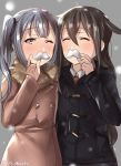  bangs black_coat blurry blush brown_coat brown_hair buttons closed_eyes coat commentary_request crossed_bangs depth_of_field double-breasted duffel_coat eyebrows_visible_through_hair fake_facial_hair fake_mustache fur_collar grey_background grey_hair hair_between_eyes hand_up hatsushimo_(kantai_collection) holding juurouta kantai_collection kasumi_(kantai_collection) long_hair long_sleeves looking_at_viewer multiple_girls one_eye_closed outdoors pocket raised_eyebrows snowing upper_body winter winter_clothes winter_coat 