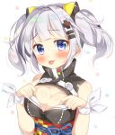  :p bangs black_dress blue_eyes blush breasts cleavage cleavage_cutout d-pad d-pad_hair_ornament dress gau_(n00_shi) hair_ornament hairclip high_collar highres kaguya_luna kaguya_luna_(character) large_breasts long_hair looking_at_viewer obi ribbon sash silver_hair sleeveless sleeveless_dress solo tongue tongue_out twintails virtual_youtuber white_ribbon wrist_ribbon x_hair_ornament 