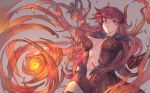  abs bangs breasts collar covered_nipples cowboy_shot doora_(nijisanji) dragon_girl feathers fire from_below gigapuri grey_background highres horns large_breasts long_hair looking_at_viewer navel nijisanji parted_lips red_eyes red_hair solo virtual_youtuber 
