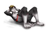  2017 anthro black_fur blonde_hair brown_eyes canine celystian claws clothed clothing dog exercise fur hair hi_res husky male mammal muscular muscular_male nipples pecs shorts signature simple_background solo teeth topless underwear valis white_background 