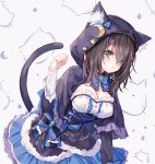  animal_ears animal_hood bangs black_capelet blue_bow blue_eyes blue_skirt blush bow breasts brooch brown_hair capelet cat_ears cat_hood cat_tail cleavage commentary_request crescent crescent_moon_pin eyebrows_visible_through_hair fur_trim grey_background hair_over_one_eye hand_up hood hood_up hooded_capelet idolmaster idolmaster_cinderella_girls jewelry kemonomimi_mode long_sleeves looking_at_viewer medium_breasts parted_lips pf sagisawa_fumika shirt skirt solo star tail tail_raised white_shirt 