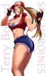  :d ass bandeau bare_shoulders baseball_cap black_gloves blonde_hair blue_eyes blue_shorts bracelet breasts character_name cleavage collared_vest cutoffs denim denim_shorts fatal_fury fingerless_gloves genderswap genderswap_(mtf) gloves hat highres jewelry large_breasts long_hair looking_at_viewer looking_back midriff muscle muscular_female open_clothes open_mouth open_vest ponytail puca-rasu red_vest short_shorts shorts smile snk snk_heroines:_tag_team_frenzy solo terry_bogard the_king_of_fighters thighs very_long_hair vest zipper 