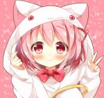  :3 animal_hood bow commentary_request cosplay eyebrows_visible_through_hair fang_out gau_(n00_shi) hood kaname_madoka kyubey kyubey_(cosplay) long_sleeves looking_at_viewer mahou_shoujo_madoka_magica pink_eyes pink_hair red_bow red_eyes short_twintails smile solo twintails upper_body v 
