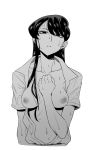  breasts clenched_hand collarbone expressionless greyscale highres komi-san_wa_komyushou_desu komi_shouko long_hair looking_at_viewer monochrome navel nipples open_clothes simple_background solo tesu wet wet_clothes white_background 