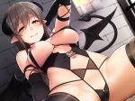  arm_up black_gloves black_legwear blurry blurry_background blush breasts brown_hair commentary_request corset cross-laced_clothes demon_girl demon_tail depth_of_field dutch_angle elbow_gloves gloves horns kamata_yuuya large_breasts lingerie long_hair navel nipple_slip nipples o-ring o-ring_top orange_eyes original parted_lips pointy_ears sidelocks solo tail thighhighs underwear underwear_only wings 