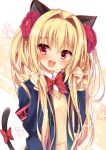 :d animal_ears armband bangs blazer blonde_hair blush bow bowtie cat_ears cat_tail character_request commentary_request copyright_request eyebrows_visible_through_hair flower hair_flower hair_intakes hair_ornament holding holding_hair huei_nazuki jacket long_hair long_sleeves looking_at_viewer open_mouth red_bow red_eyes red_flower red_neckwear round_teeth smile solo star sweater tail tail_bow teeth twintails upper_body upper_teeth virtual_youtuber 