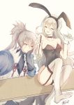  1girl animal_ears atoatto black_bow black_hairband black_leotard bow bowtie breasts bunny_ears bunnysuit choker chopsticks cleavage closed_eyes couple fake_animal_ears female_my_unit_(fire_emblem_if) fire_emblem fire_emblem_if floating_hair garter_straps grey_legwear hair_between_eyes hairband head_rest holding holding_chopsticks leotard long_hair medium_breasts my_unit_(fire_emblem_if) open_mouth ponytail signature silver_hair sitting smile strapless strapless_leotard sweatdrop takumi_(fire_emblem_if) thighhighs very_long_hair wrist_cuffs 