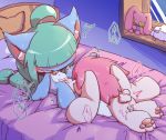  2017 bed bedroom bell_collar cat censored collar feline female female/female green_hair hair inside japanese_text lagomorph long_hair lying mammal nettsuu on_bed on_front open_mouth pawpads pink_hair plushie pussy pussy_juice rabbit sex spread_legs spreading text translation_request young 
