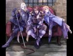  2boys alucard_(castlevania) boots brick_wall brown_hair castlevania castlevania_(netflix) cloak commentary_request couch fur_trim jacket multiple_boys open_collar piyox9 ralph_c_belmondo sandals sitting sword sypha_belnades v-neck weapon whip window 