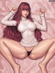  artist_name barefoot bed black_panties breasts commentary_request fate/grand_order fate_(series) hair_intakes highres kimdonga korean_commentary large_breasts long_hair long_sleeves looking_at_viewer md5_mismatch nose panties parted_lips purple_hair realistic red_eyes ribbed_sweater scathach_(fate)_(all) scathach_(fate/grand_order) smile spread_legs sweater thighs turtleneck turtleneck_sweater underwear 