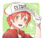  :d ae-3803 blush borrowed_garments character_name collarbone eyebrows_visible_through_hair gloves hair_between_eyes hat hataraku_saibou jacket looking_at_viewer momomo35293 open_mouth red_hair red_jacket short_hair smile solo u-1146 upper_body white_gloves white_hat yellow_eyes 