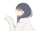  bangs black_hair blue_eyes blush cardigan closed_mouth commentary cup eyebrows_visible_through_hair from_side holding holding_cup looking_at_viewer profile seki_(l0410706268) simple_background solo ssss.gridman takarada_rikka white_background 